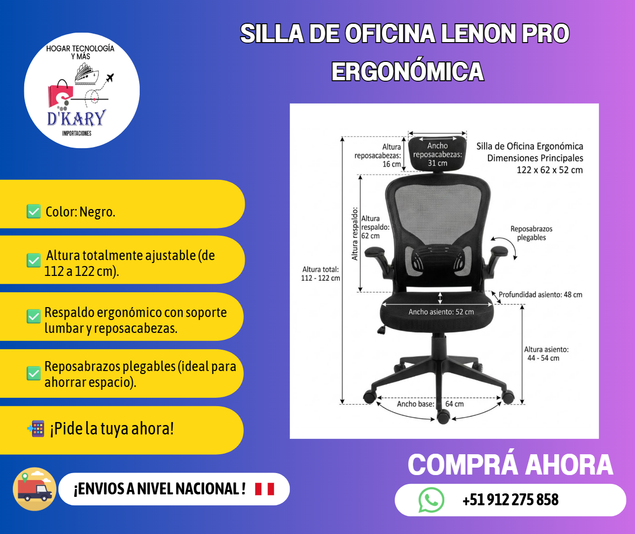 Silla de Oficina Ergonómica Lenon Pro | Reposabrazos Plegables y Soporte Lumbar